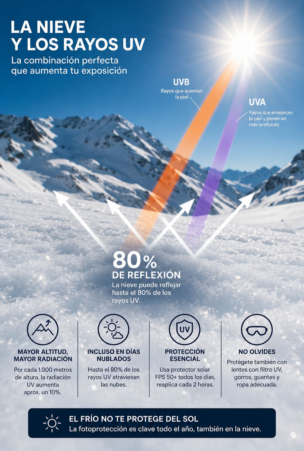 Infografía sobre la radiación UV en la nieve: UVA, UVB y 80% de reflexión